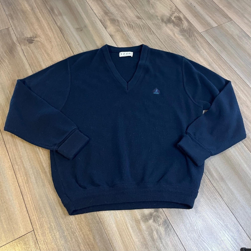 IZOD Vintage V Neck Sweater Blue Logo Knit Pullover Men Large